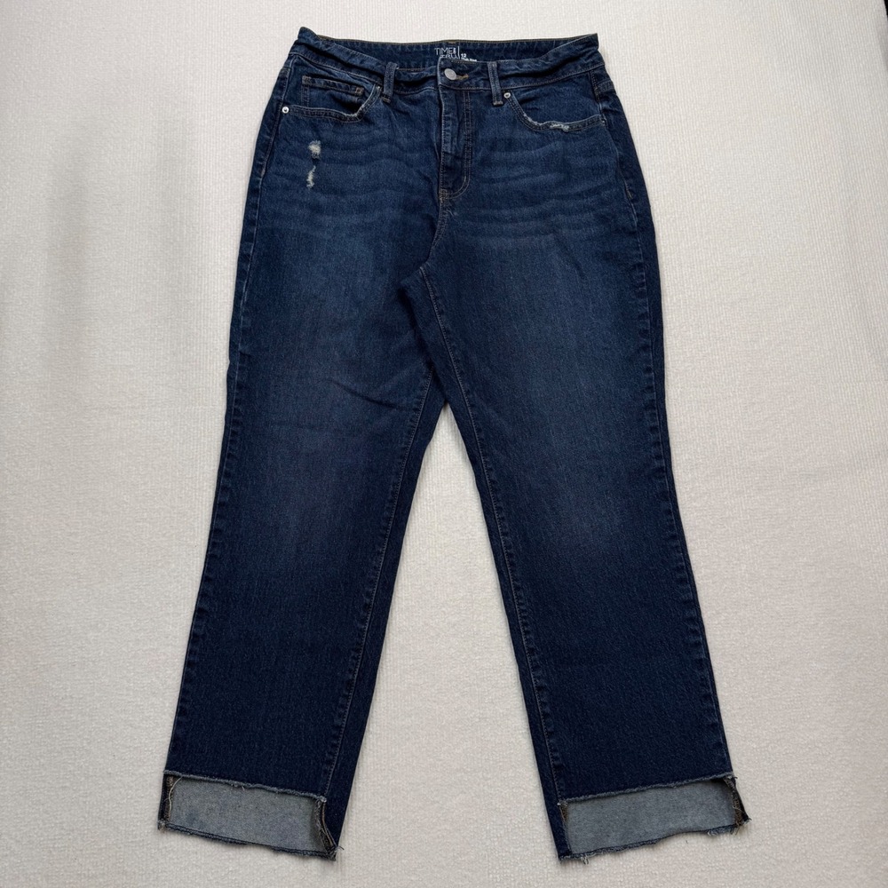 Time & Tru Hi Rise Relaxed Fit Jeans Dark Wash Cropped Raw Step Hem Y2K Size 12